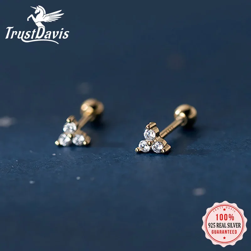 TrustDavis Real 925 Sterling Silver Fashion Triangle CZ Screw Stud Earrings For Women Wedding Minimalist Fine S925 Jewelry DB083