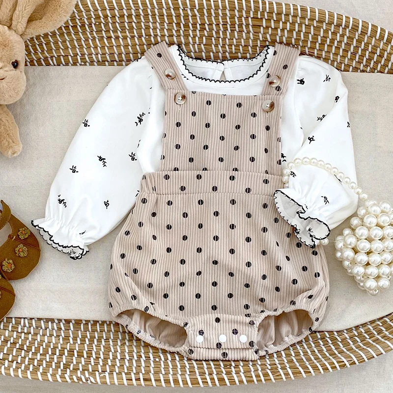 

Новинка 2023 года, осенний комплект одежды для новорожденных девочек, хлопковая футболка с длинными рукавами, вельветовый комбинезон без рукавов, детский костюм