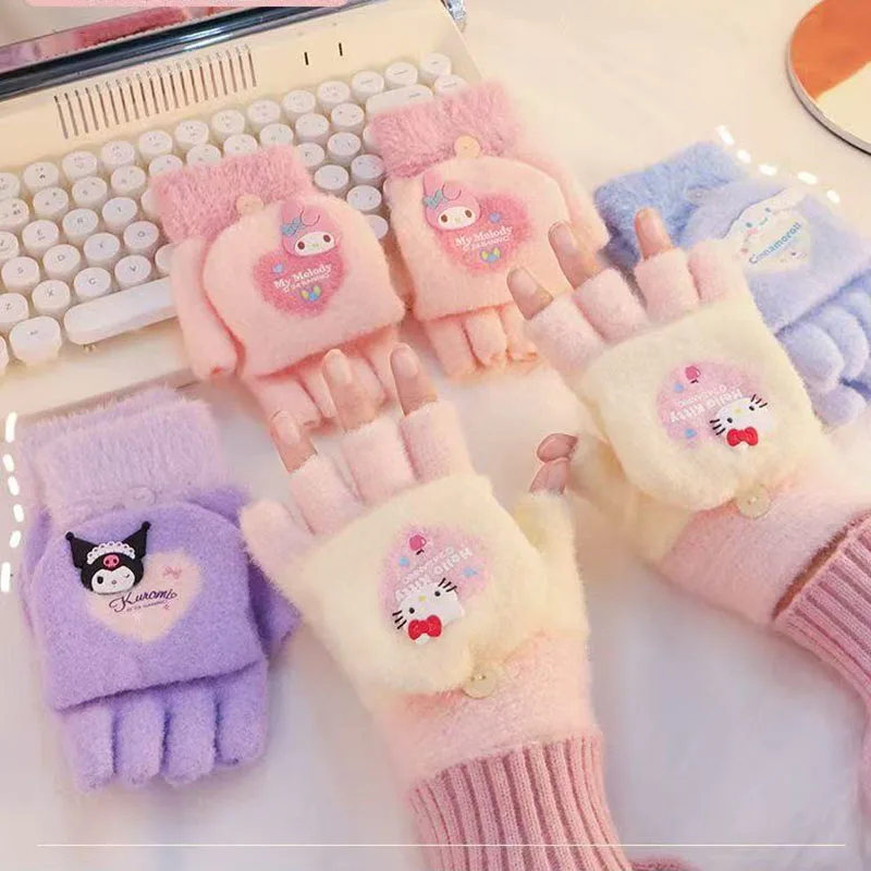 

Перчатки Kuromi Kuromi My Melody, женские морозостойкие зимние перчатки с клапаном и половиной пальца, теплые перчатки-раскладушки для взрослых, подарки