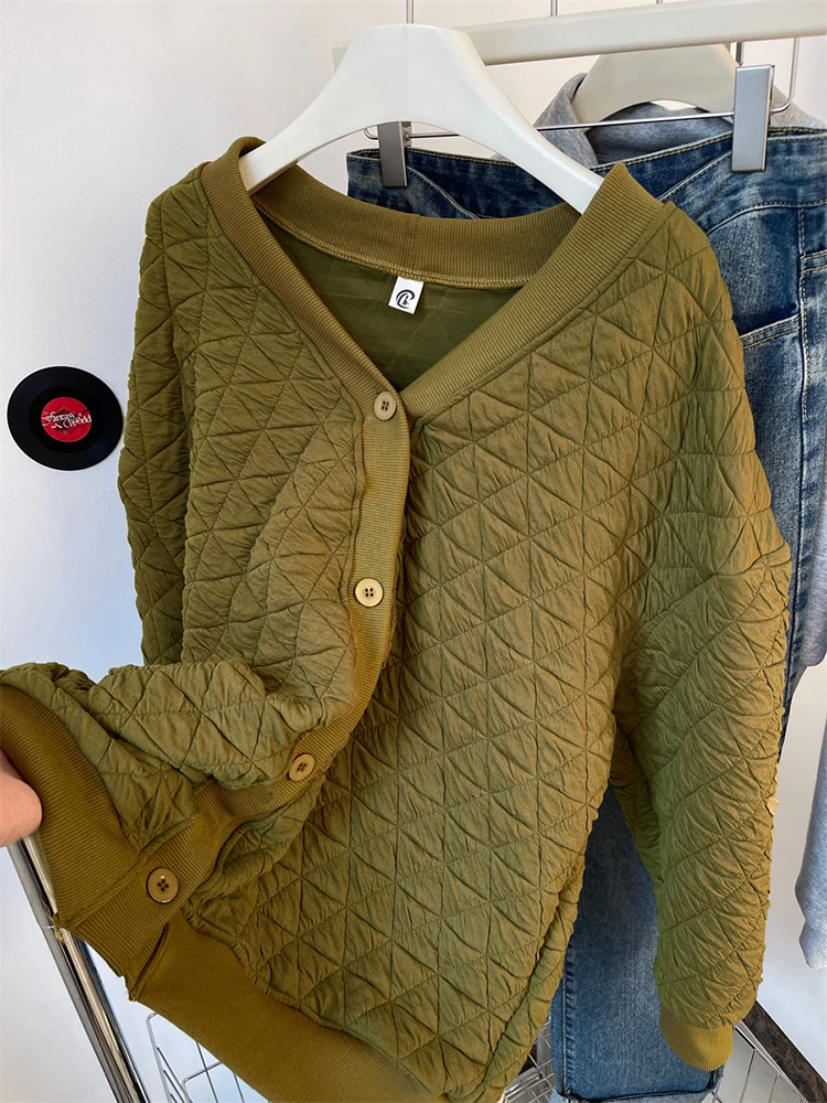 

New Women Casual Cardigan Diamond Patterned Jacket Korean Fashion Pleated V-Neck Long Sleeved Solid Color Women's Loose Jacket
