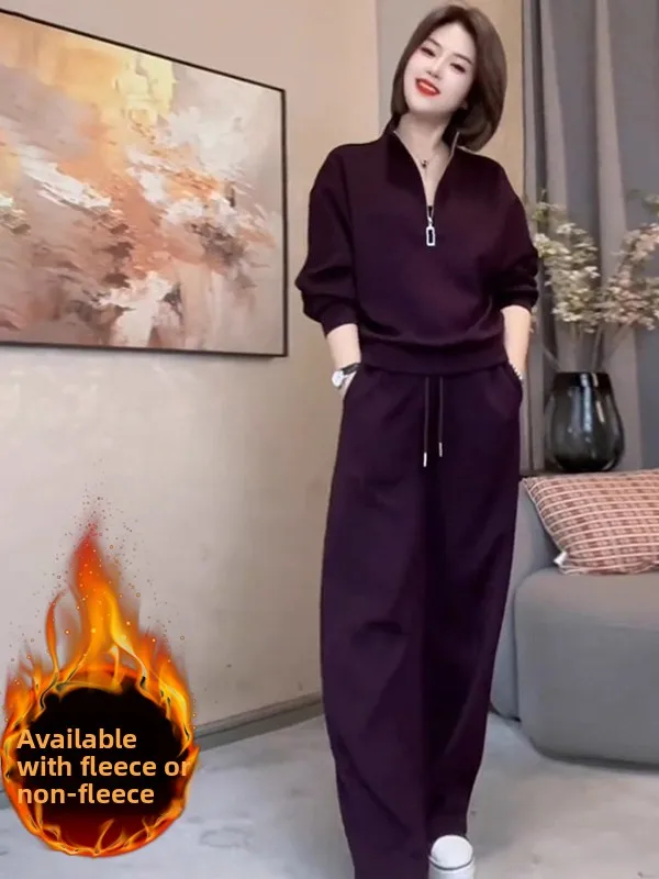 

Fashionable Fleece Lined Wide Leg Pants And Sweatshirt Two Piece Set for Women Casual Sportswear Winter Collection
