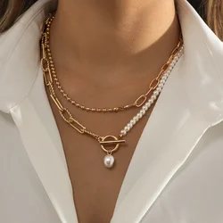 Dainty Vintage Layered Baroque Pearl OT Clasp Necklace Set Stacking Beaded Ball Paperclip Chain Retro Necklaces for Women Girls