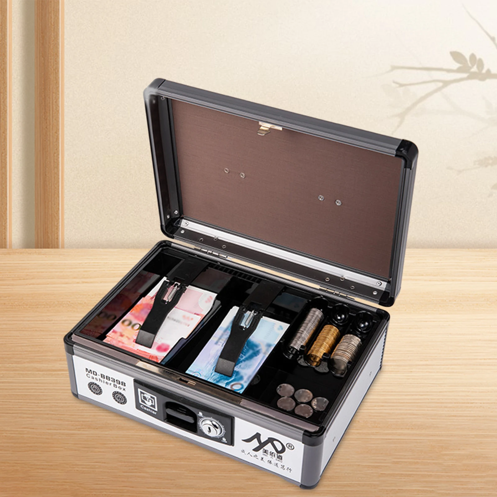 Aluminum Alloy Cash Box with Lock and Tray Portable Waterproof 2 Tier Money Saving Organizer Box for Small Businesses Supermarke