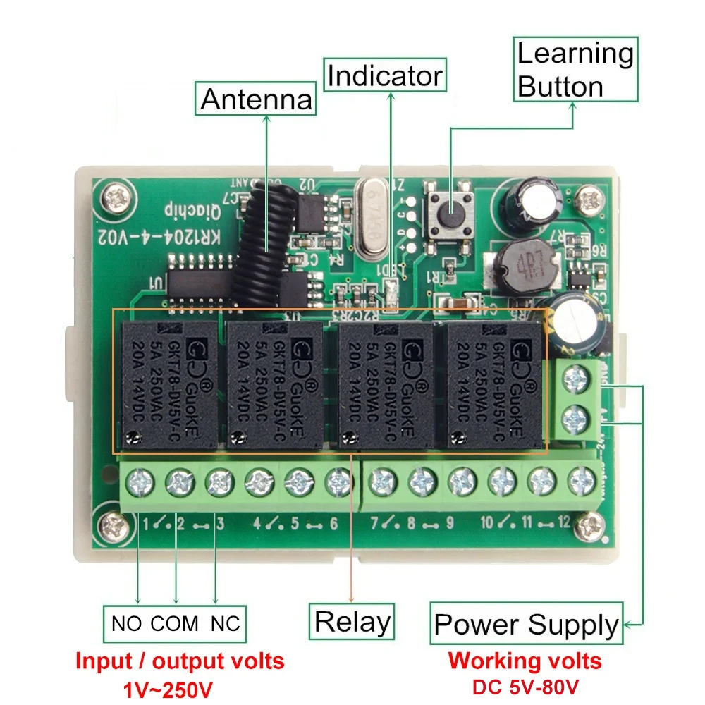 QIACHIP-Módulo de relé receptor EV1527, interruptor de Control remoto inalámbrico, 433,92 Mhz, 433Mhz, 5V, 12V, 24V, 48V, 10A, 4 canales