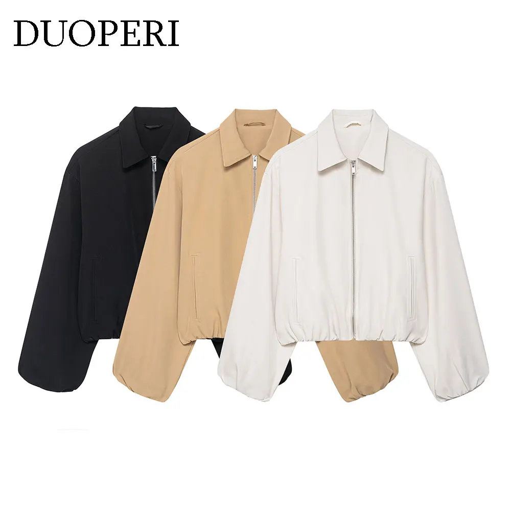 DUOPERI Damen-Bomberjacken, modisch, mit Reißverschluss vorne, Reverskragen, lange Ärmel, lässig, weiblich, elegant, schick, Damen-Outfits