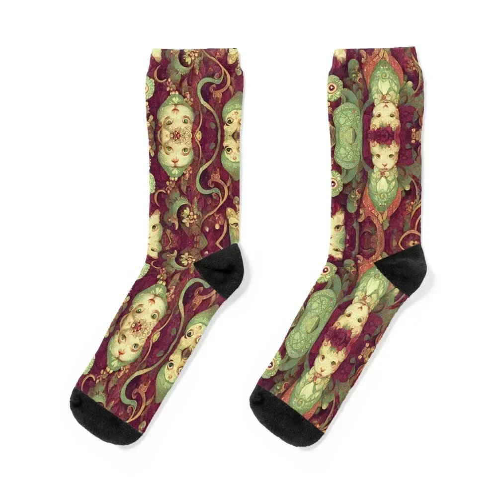 Kitten Cat Sage Green Dream on Burgundy Red Floral Motif Socks custom heated cute Socks For Men Women's