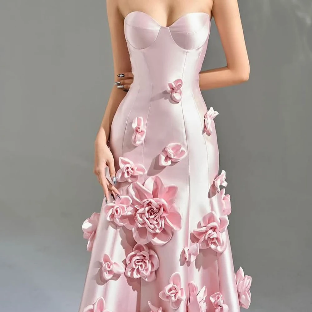 Elegant Party Dresses Woman 2024 Sweetheart 3D Flowers Sweetheart Satin Straight Pleats Strapless Solid Color Bridesmaid Gowns