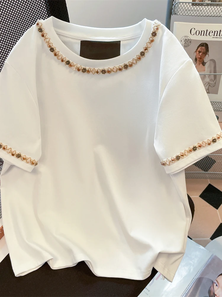 Stylish round Neck Short Sleeve T-Shirt for High School Students Women's Embroidered Loose Fit Summer Top Korean Style Cotton