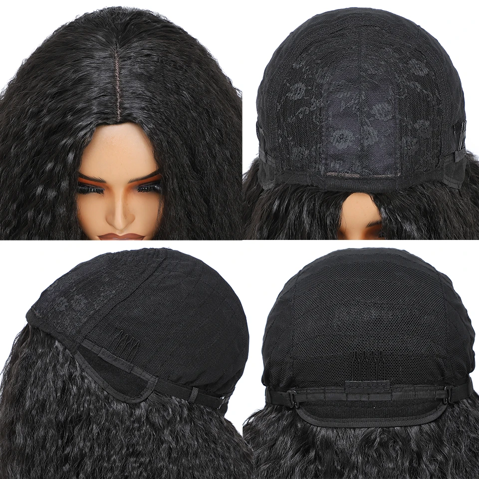 قصيرة منتفخ ياكي مستقيم شعر مستعار اصطناعي 16 بوصة متوسطة طول ارتداء والذهاب شعر مستعار موجة عميقة الباروكات Perruque فام كورتي Sans Colle