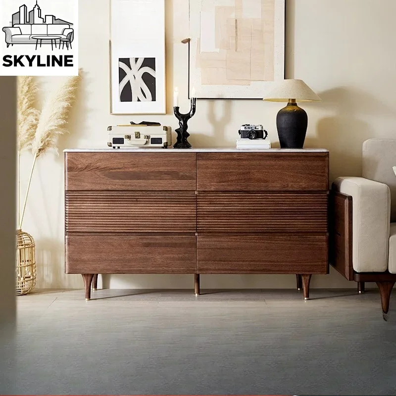 Minimal Retro Walnut Solid Wood Chest Cabinet, Six-Drawer Storage Side Table for Household Living & Bedroom Space