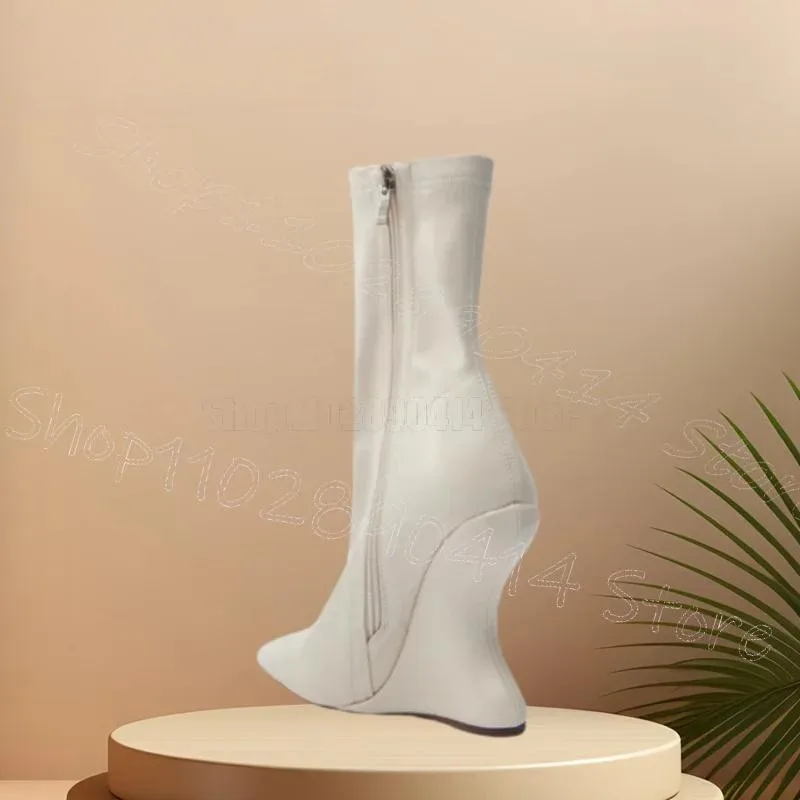 Stivali a metà polpaccio in pelle opaca con tacco stile strano bianco Cerniera laterale Scarpe da donna Punta a punta Festa del partito 2025 Zapatos Para Mujere