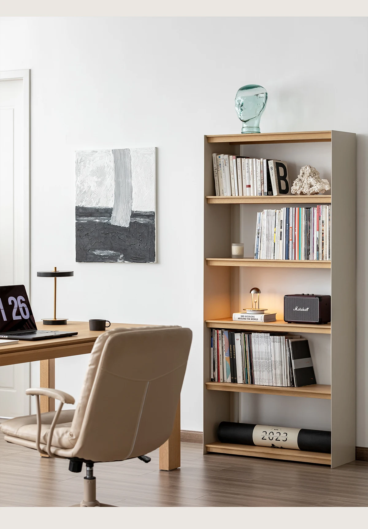 

Solid wood bookshelf, floor-to-ceiling shelf, Japanese-style log color design, integrated color matching, storage against the wa