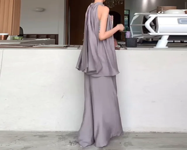 موضة جديدة 2025 الصيف 2 قطعة مجموعات ملابس نسائية مثير أنيقة أكمام مطوي فضفاض مزاجه عادية قسط فستان أطفال مع سروال داخلي