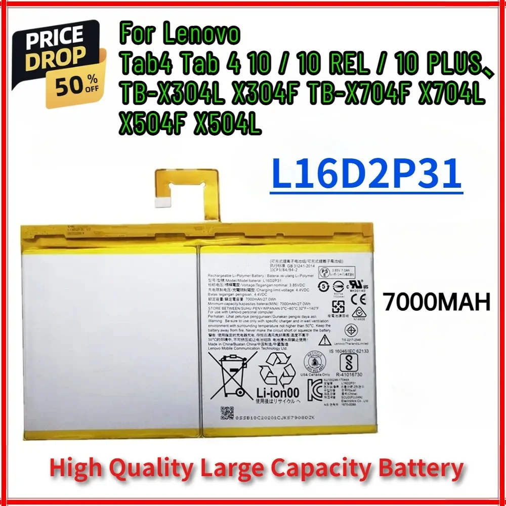 New 7000mAh L16D2P31 Battery for Lenovo Tab4 Tab 4 10 / 10 REL / 10 PLUS TB-X304L X304F TB-X704F X704L X504F X504L Batteria