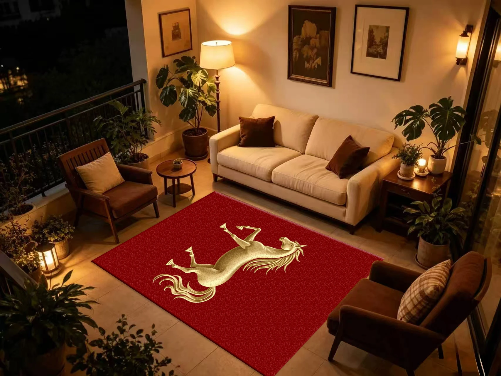 Golden Horse Red Background Carpet Flooring, Luxury Chinese Style Non-Slip Area Rug for Living Room Entryway Home Interior Decor
