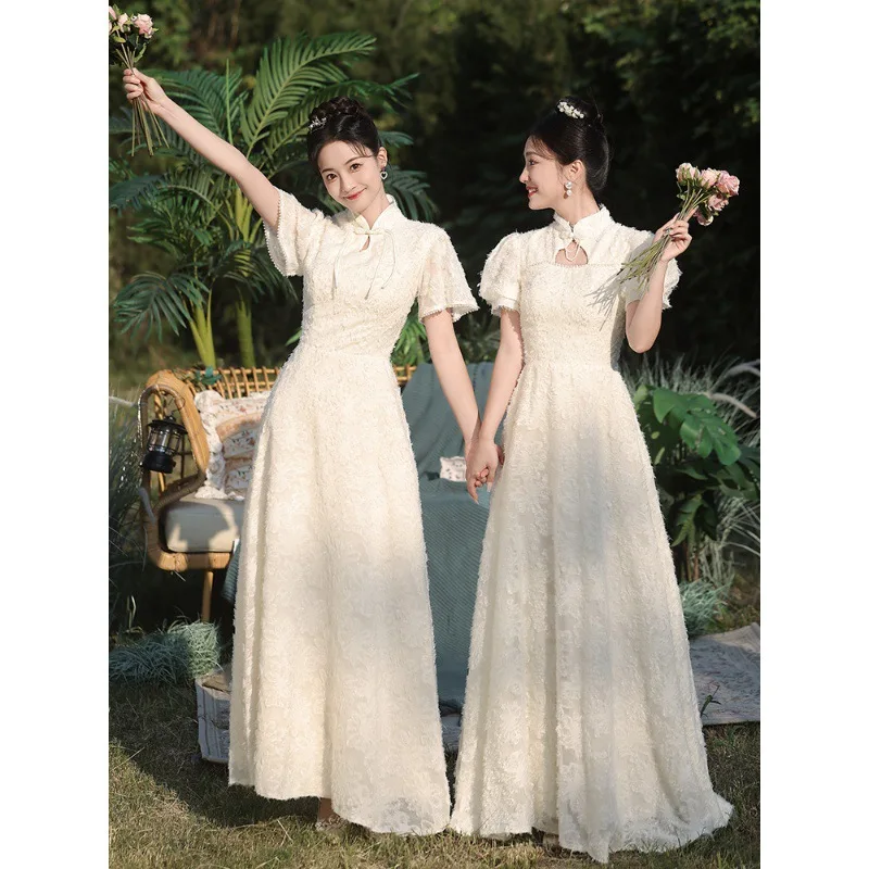 

Champagne Color Maids Dr Chinese Sle Long Sve Women's Gown Sister's up Formal Wear Ele Zipper Wedding Guest Dr