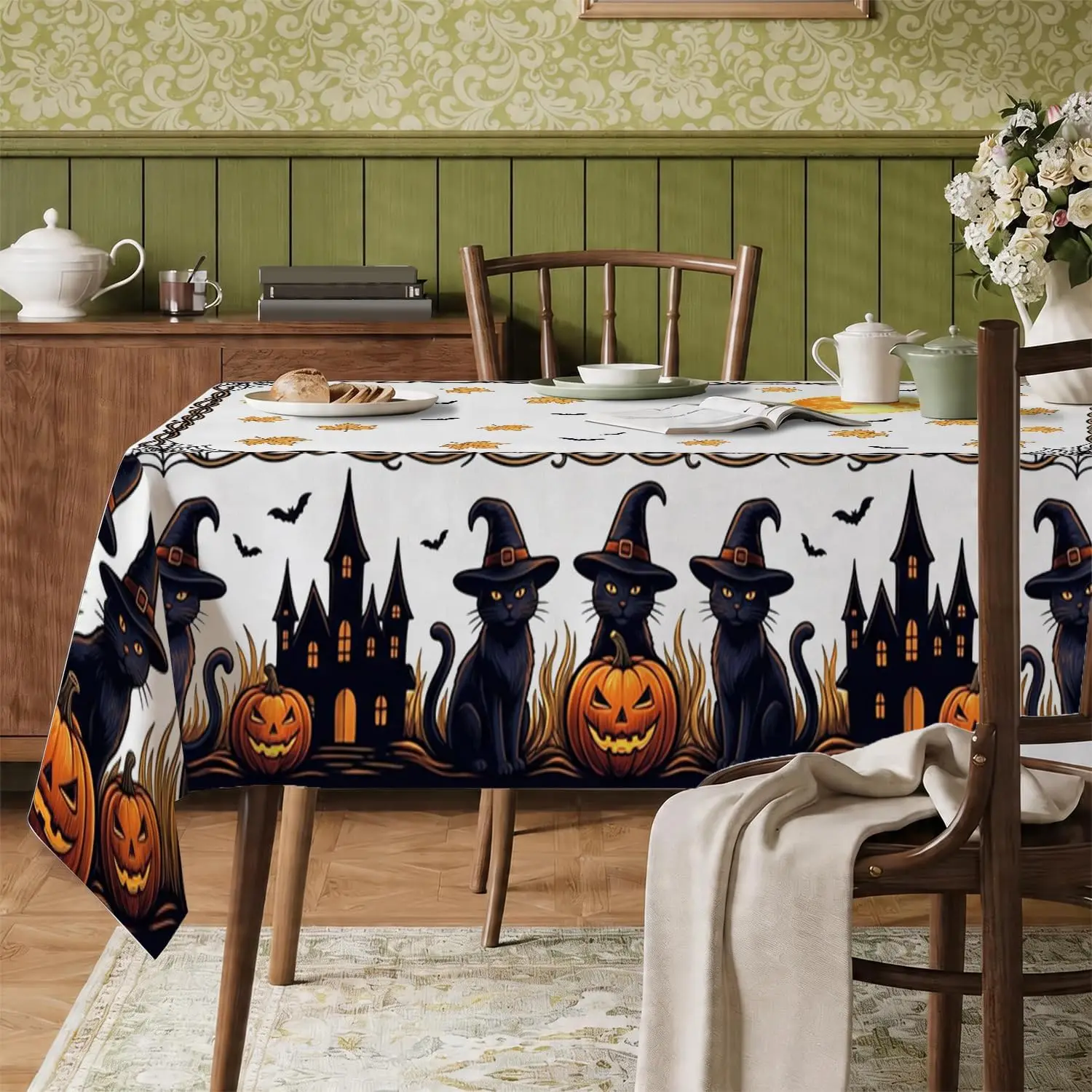 Halloween Black Cat Pumpkins Haunted House Tablecloth for Table Decor Reusable Kitchen Dining Table Cloth Halloween Decorations
