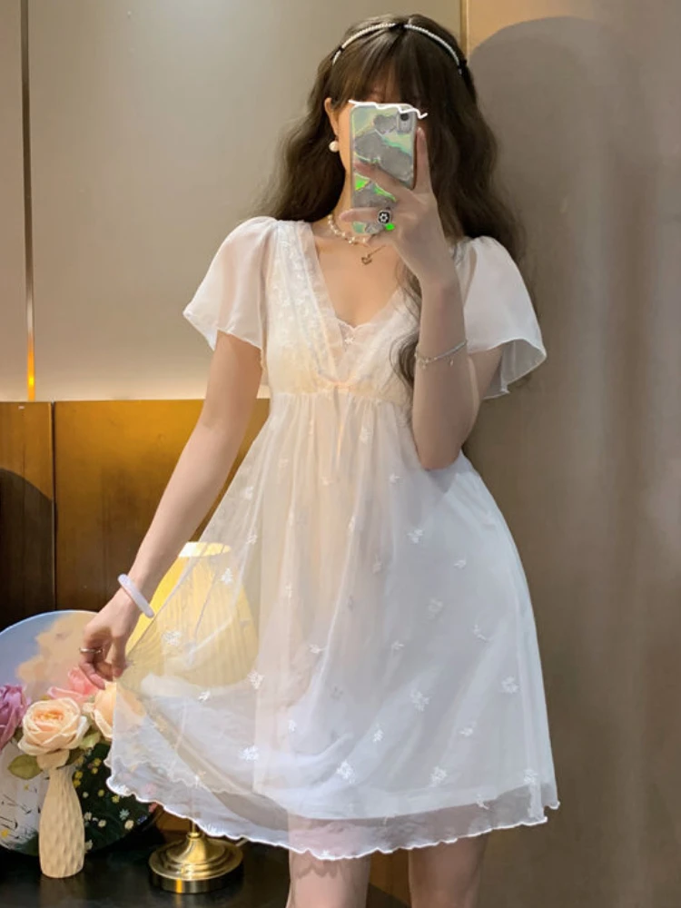 Lace Nightgowns Women High Waist Sweet Korean Style Princess Casual A-line Embroidery Trendy Nightwear Solid Ladies Temperament