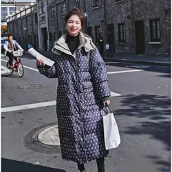 Cotton Fashionable, Hooded Extra Long and Thick Blue Printed Down Cotton Jacket, Women's Winter New 2024