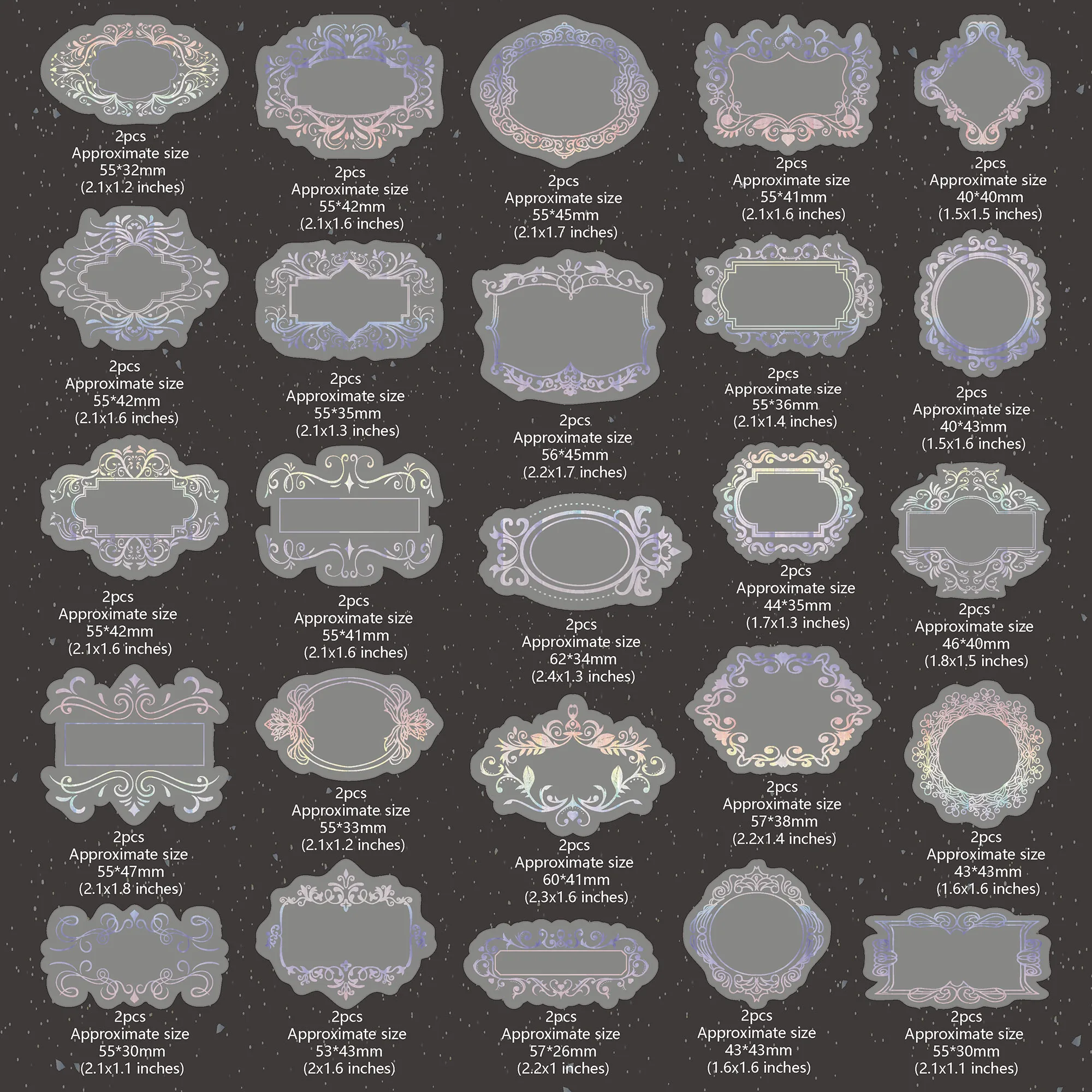 50 Pack Vintage Ornamental Frames PET Stickers with Decorative Borders, Waterproof and Transparent，Laser Silver and Metallic Gol