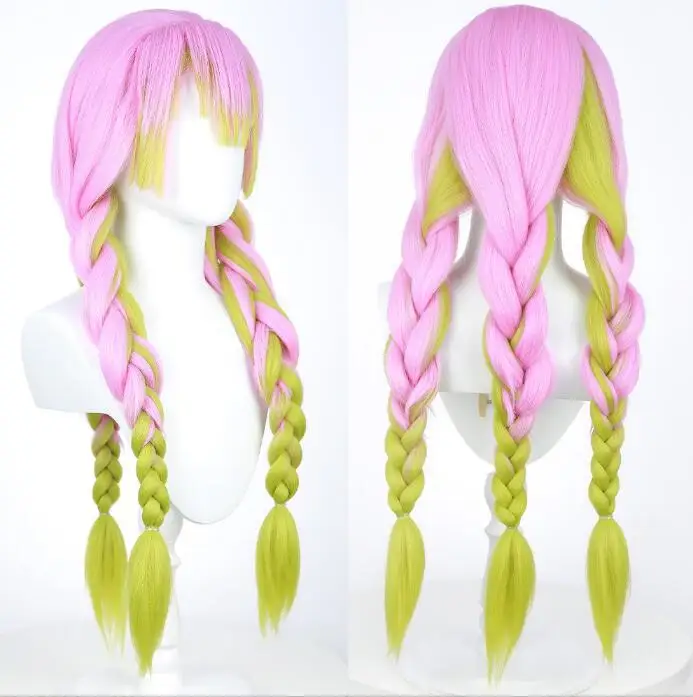 High Quality Cosplay Wig Long Pink Green Braided Heat Resistant Hair Authentic Anime Cosplay Wigs Dakimakura Pillow Case