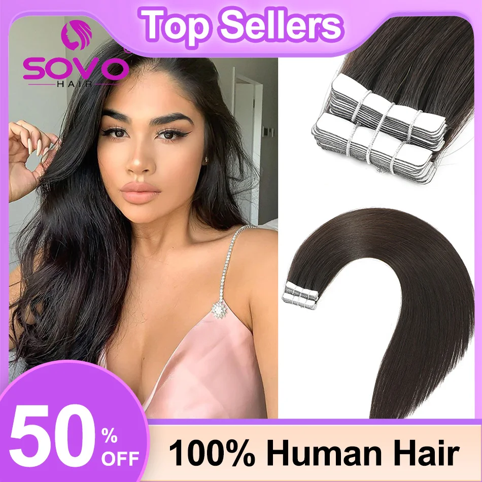 SOVO-extensiones de cabello 100% humano, cinta de Color Natural, trama de piel sin costuras recta brasileña para cabello fino, 10 piezas