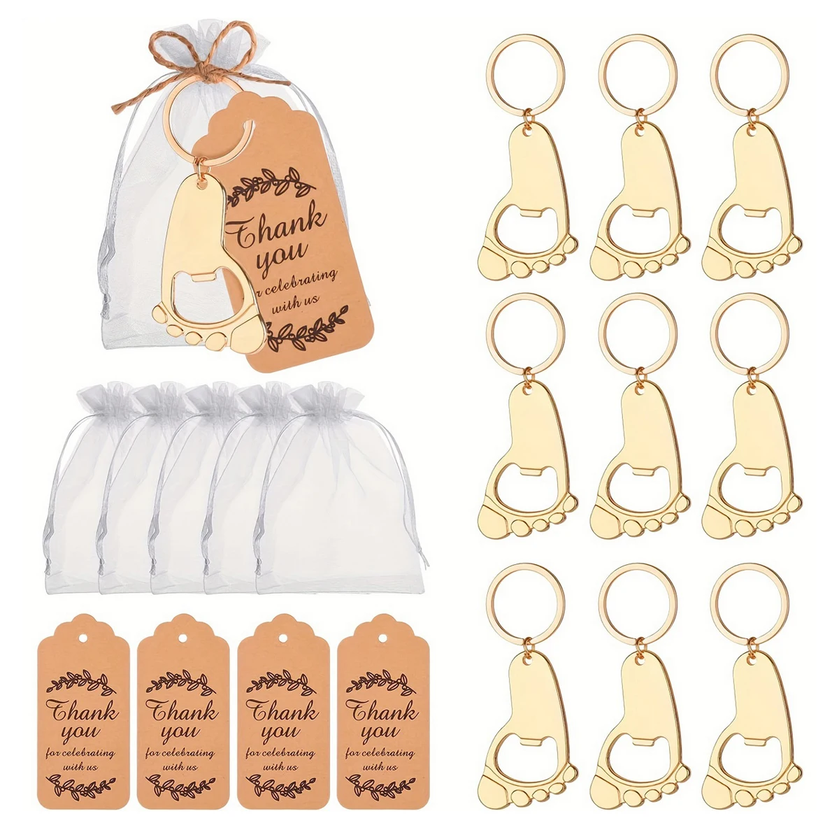 Footprint Keychain Bottle Opener, Shower Souvenirs And Decorations, Souvenirs With Organza Bag Thank You Tag 11.81inch String