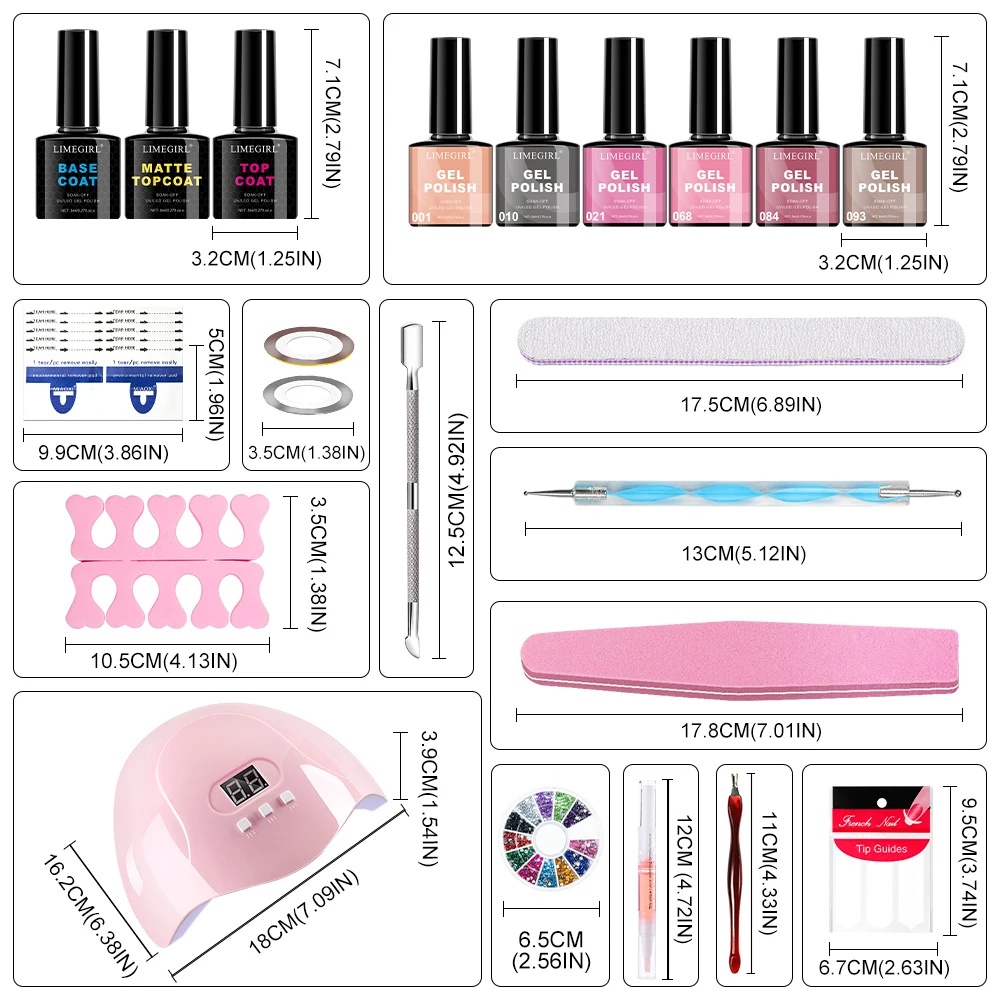 Limegirl Gel Nail Kit with 36W UV Lamp 6pcs Set 8ml Professional Nail Polish Base Top Coat Matte Finish for DIY Home Nail Art