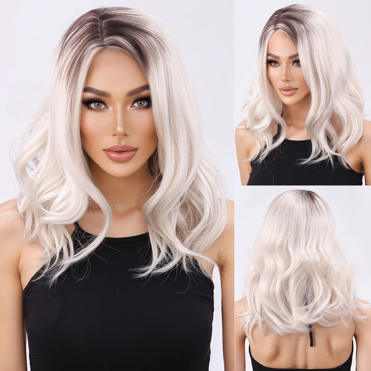 Hot selling mid length curly hair with large waves, gradient black brown, European and American women's wigx
