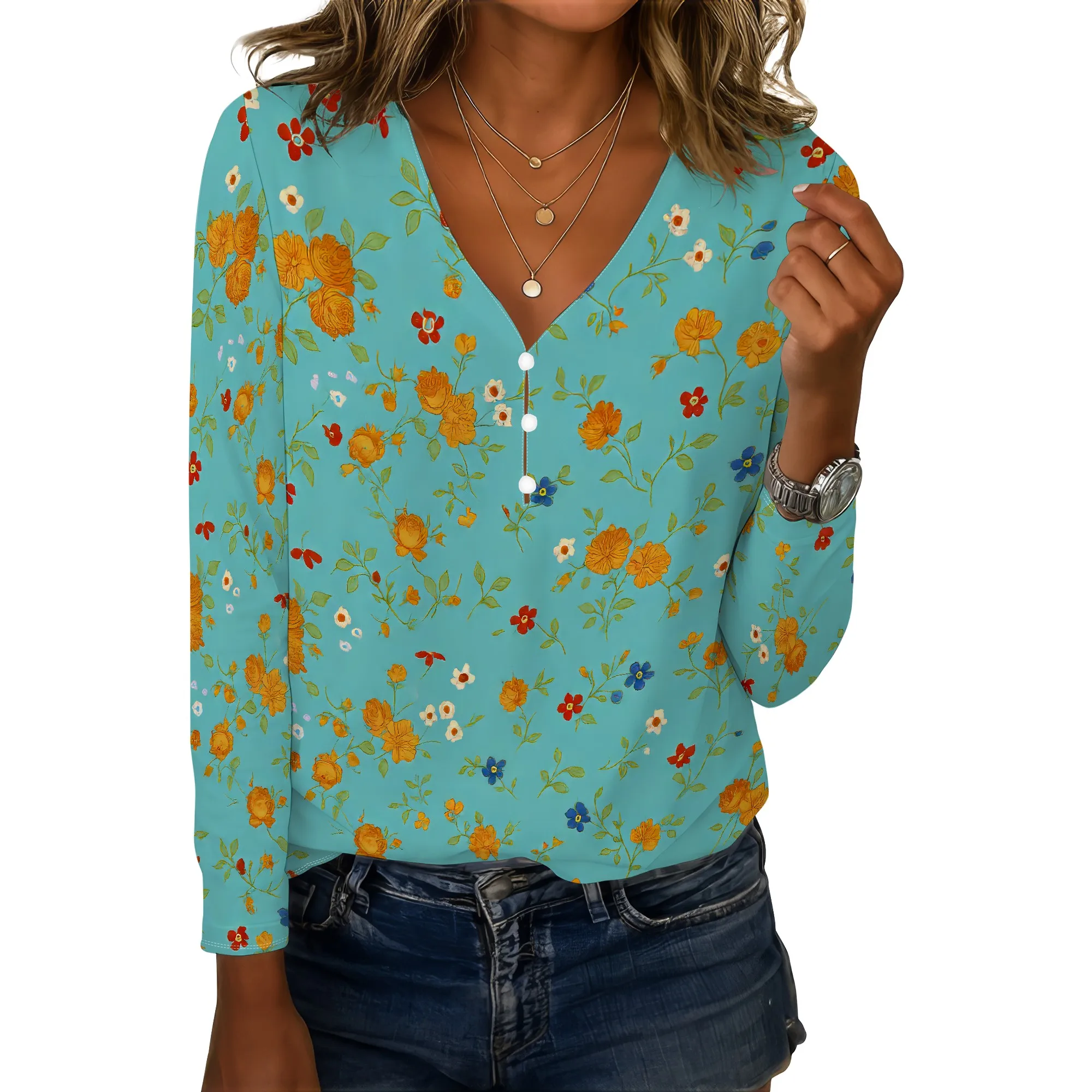Camicette da donna con stampa floreale Boho per donna Camicetta carina con bottoni casual eleganti Camicie a maniche lunghe con scollo a V Top a tunica