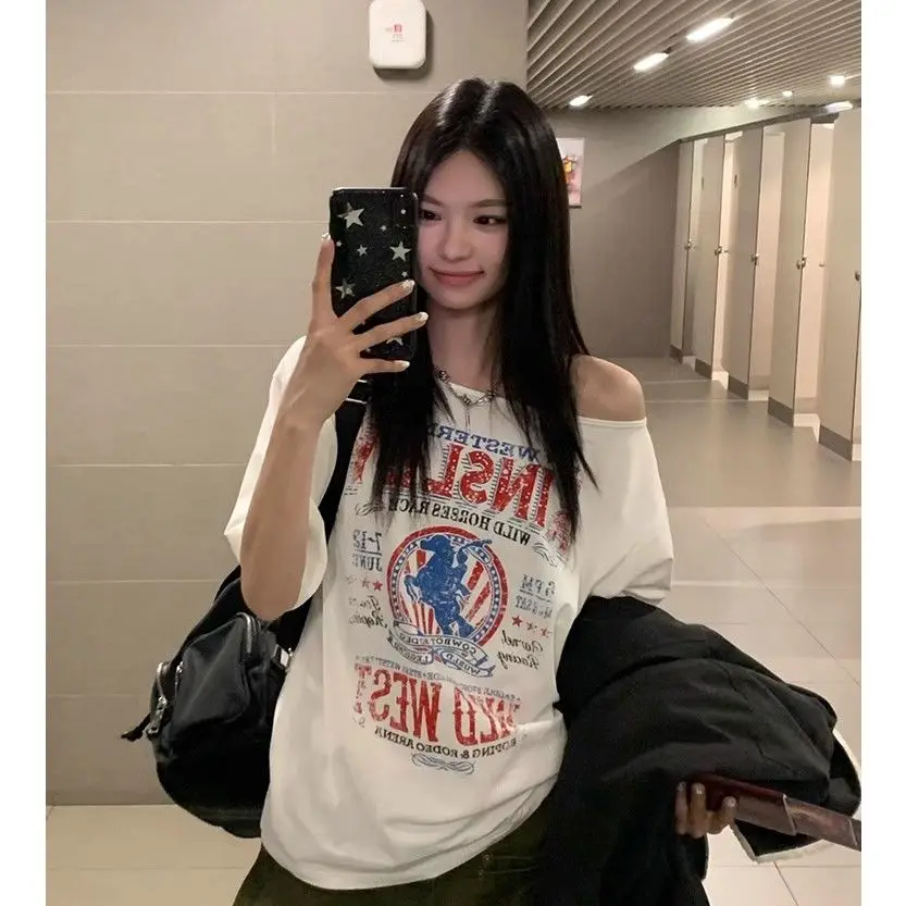 América retro emblema padrão camisetas fora do ombro solto sexy quente feminino punk goth rua moda verão algodão t casual e-girl