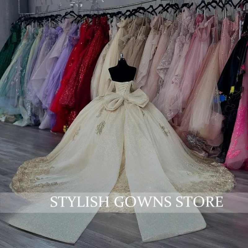 

Изысканные платья Quinceanera с аппликацией и бриллиантами, большой бант с открытыми плечами, Vestidos De 15, Quinceanera по индивидуальному заказу
