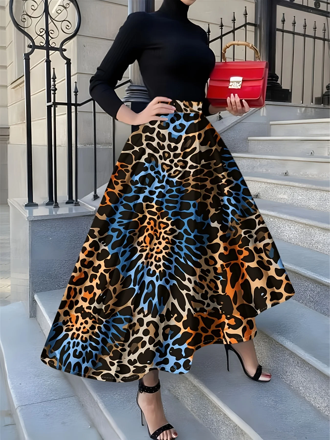 Damen Casual A-Linien-Rock mit Tropischem Tierdruck Leopard Blau Orange Schwarz Muster Urlaub Sommer Midi-Rock Hochgeschnitten