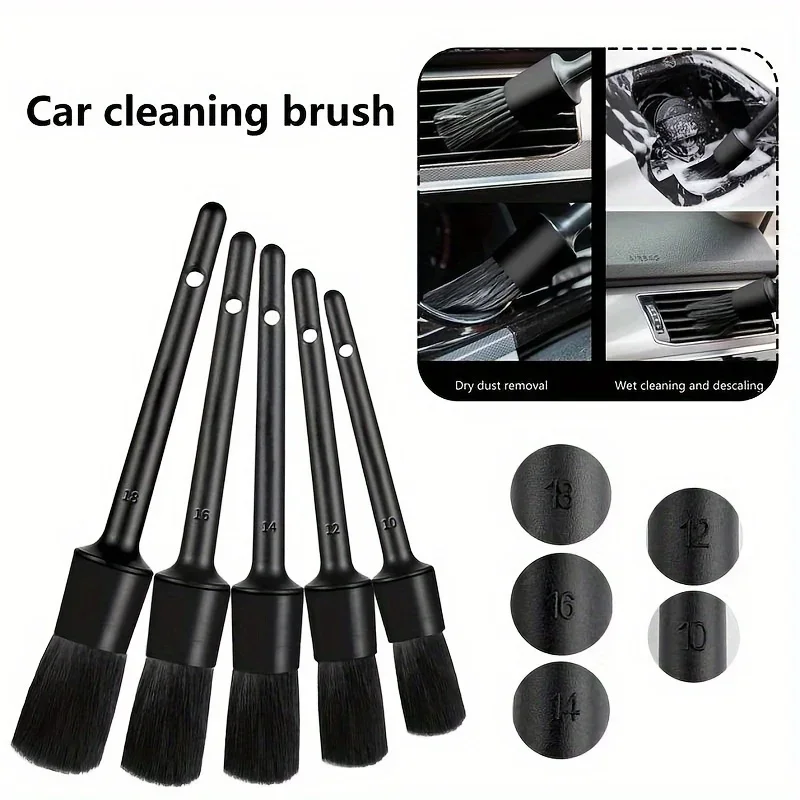 5-Piece Auto Detailing Brush Set: Natural Boar Hair & Mixed Fiber for Cleaning Wheels, Engine, Air Vent & Emblem