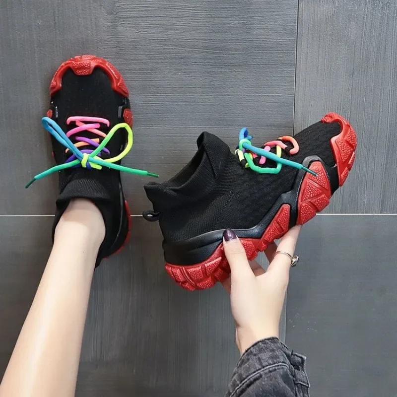 Spring and Autumn Lace-Up Women's Vulcanized Shoes Fashionable Breathable Sports Shoes Women's Tennis Shoes Non-Slip Thick Soles