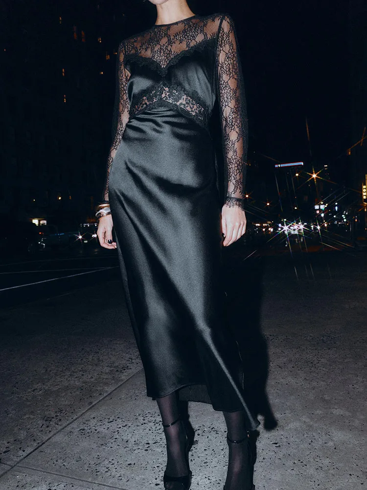 High-End Long Sve Lace Patchwork Dr New Arrival Winter Collection Ele Women's Faion Premium Quali Gown