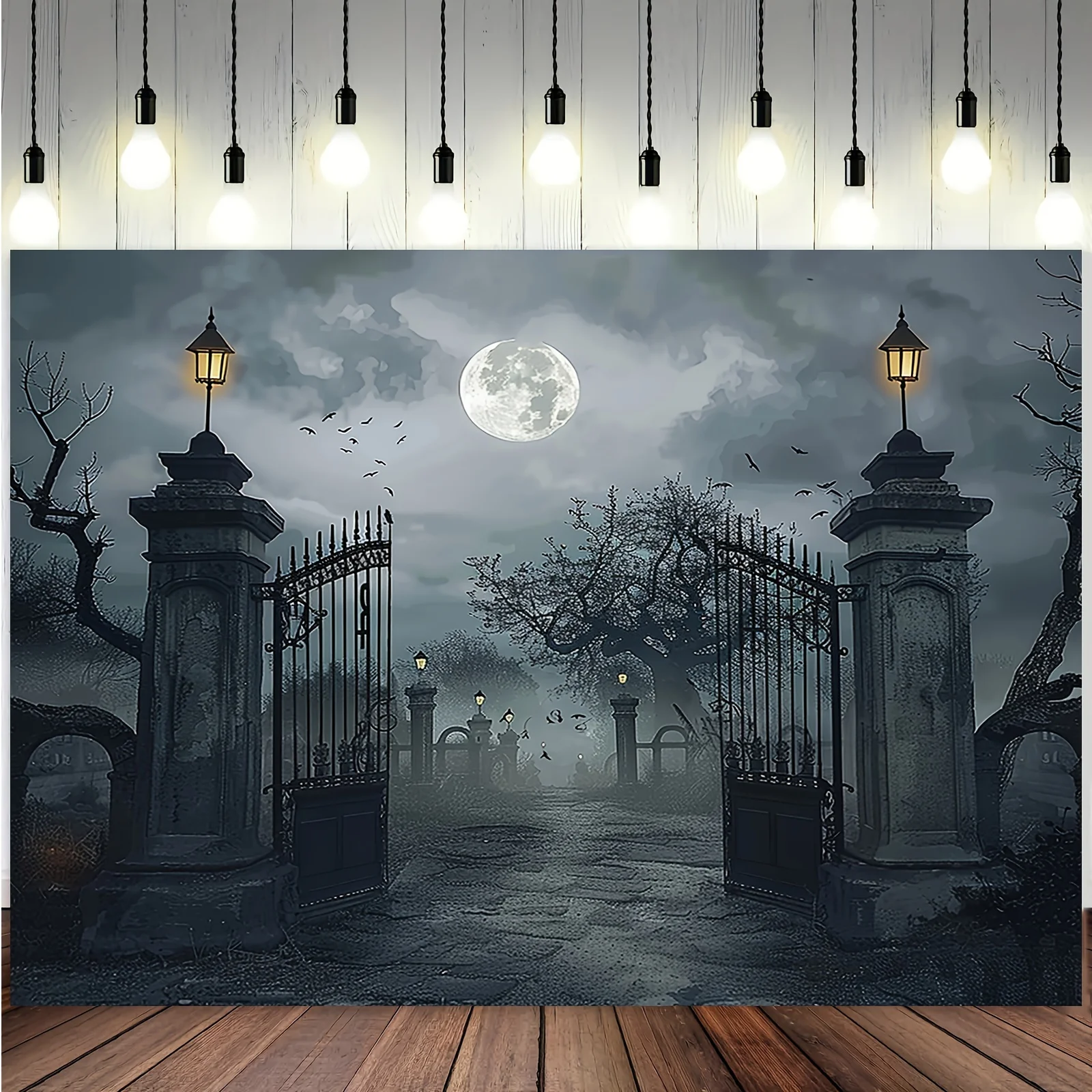 Halloween Background Banner - Ghost Cemetery with Full Moon and Bare Trees