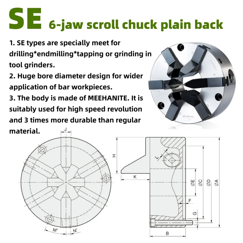 Automatic 6 Jaw Scroll Chuck Plain Back for Drilling Endmilling Tapping and Grinding Operations Industrial Machining Tool