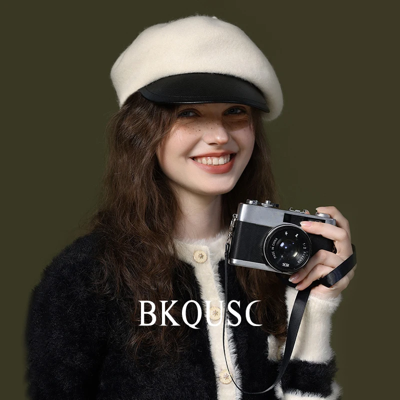 British Vintage Women\'s Beret Caps Winter Warm Solid Color Retro Leather Woolen Painter Hat Unisex Stylish Lady Cashmere Beret