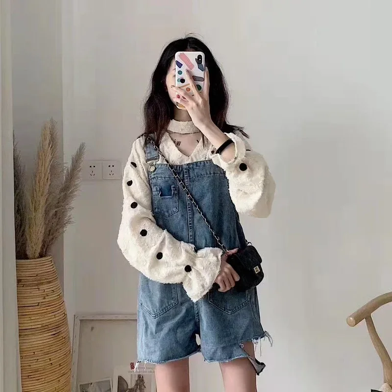 Playsuits Women Denim Summer Loose Harajuku Hole Vintage All-match Designed Short Wide Leg Lovely Students Suspenders Fashion