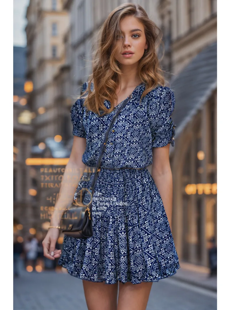 Vestido de verão feminino casual cintura elástica lanterna manga nova manga curta floral impresso com decote em v vestidos femininos jq8y