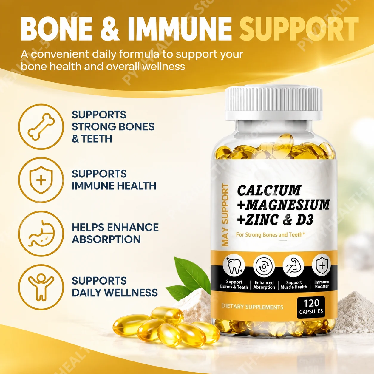Calcium Magnesium Zinc Softgels Bone & Teeth Support Vitamin D3 Supplement Supports Muscle Health & Immune Function 120 Capsules