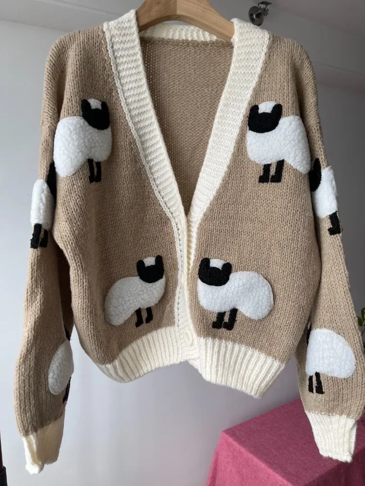 Sheep Pattern Chunky Cardigan Button Front Cute Cartoon Sweater Long Sleeve V Neck Autumn Women Jumper Knitwear