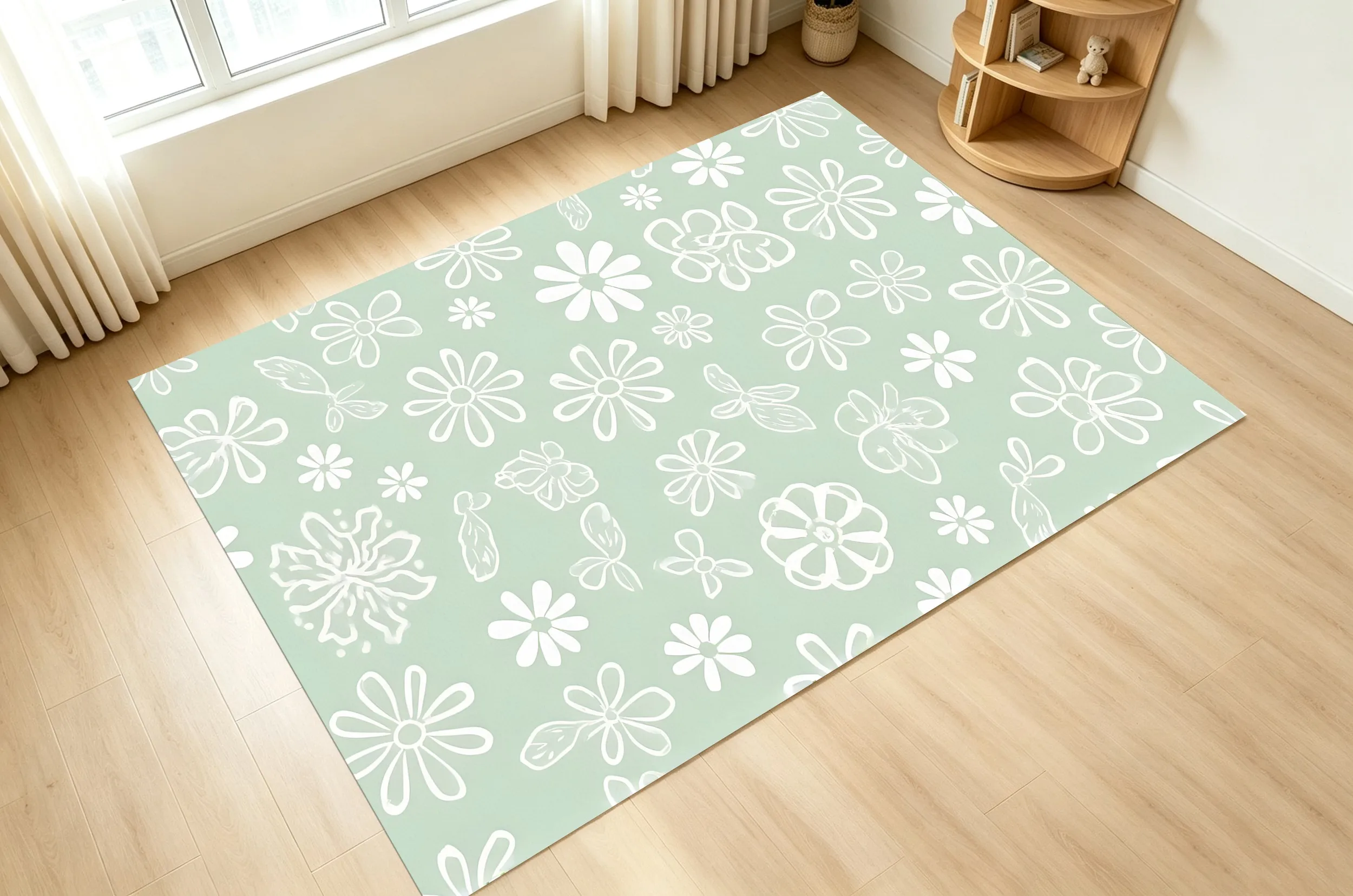 White Floral Butterfly Velvet Rug on Light Green, Fresh Trendy Spring Decor for Bedroom, Bedside & Living Room
