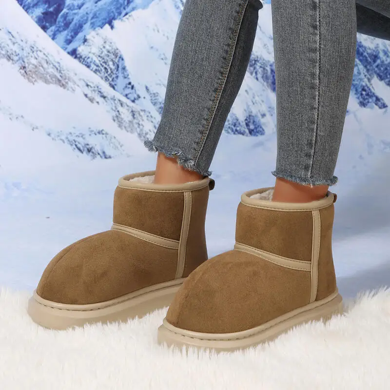 

Cute Big Round Toe Thick Bottom Suede Snow Boots Women 2025 Winter Warm Long Plush Ankle Boots Furry Woman's Short Booties Shoes