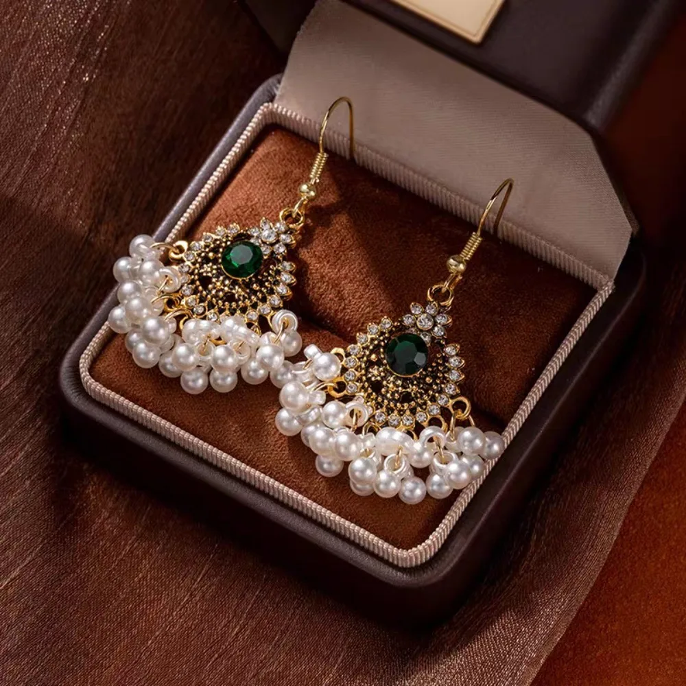 Luxury New Chinese-style Hollow Round Full Zircon Pearl Tassel Emerald Crystal Dangle Earrings for Women Bohemian Ethnic Jewelry
