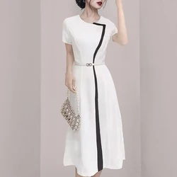 High Quality New Summer Office OL Dress French Elegant Women O Neck Black White Patchwork Short Sleeve Midi Vestidos With Belt