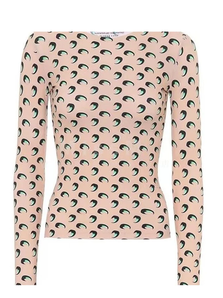 High Street Casual T Shirt Women Long Sleeve Layered Shadow Print Double Moon Summer Stretchy Sunscreen Thin Versatile Top