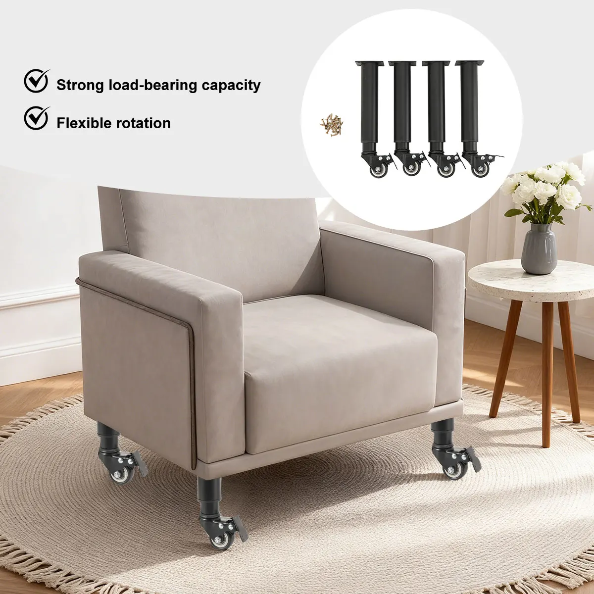 Bewegliche Tischbeine mit Rollen, verstellbare drehbare Möbelbeine mit Rollen für Möbel, drehbare Rollen, leise Rollen – Detail 9