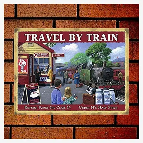 Fsdva Travel by Train, Cadburys Cafe with Green Steam Locomotive Train Retro Metal Sign  Wall Decor